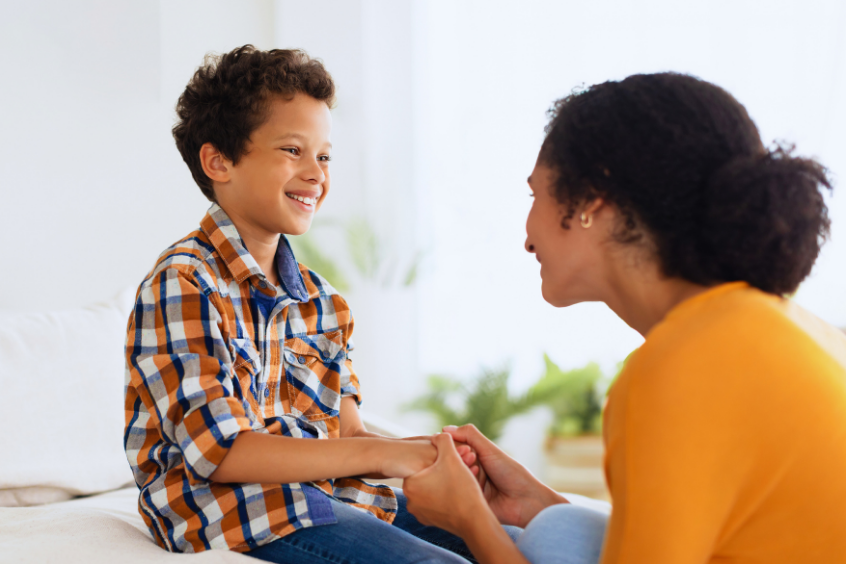 Mother and son sharing a moment talking and enjoying their conversation